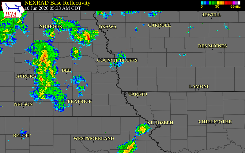 Radar snapshot during the Jun 10, 2026 tornado event near 5 NW Tabor, Mills County, Iowa, with NWS warning polygons