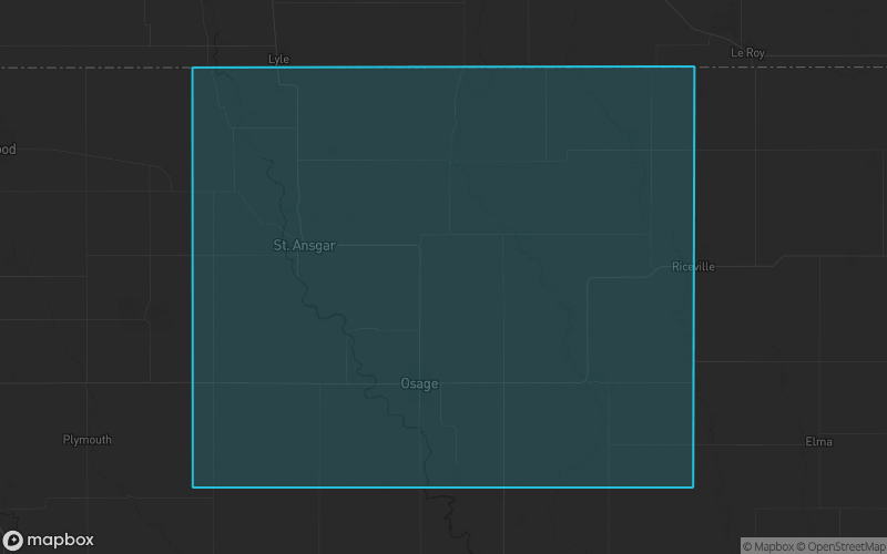 Map of Mitchell County, Iowa showing the county boundary and surrounding cities