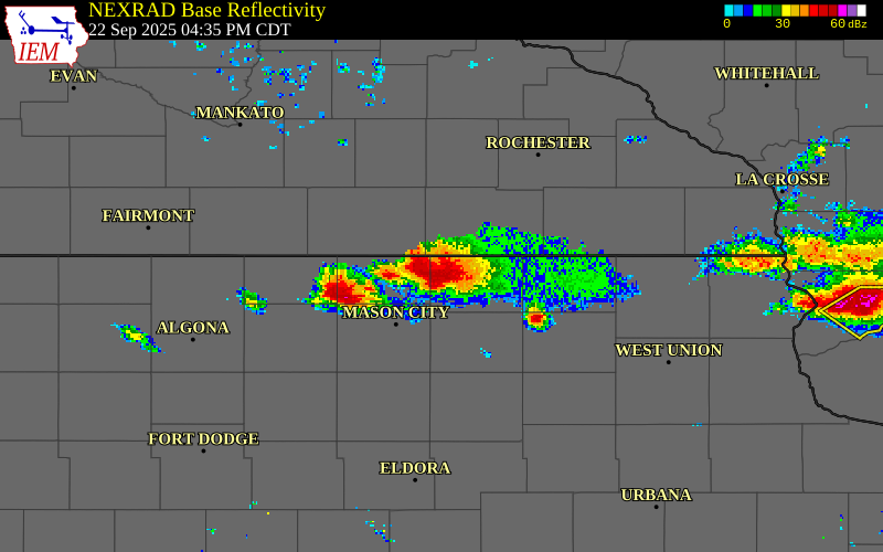 NEXRAD radar during the Monday, September 22, 2025 storm activity in Mitchell County, Iowa