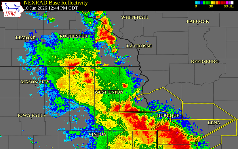 NEXRAD radar during the Wednesday, June 10, 2026 storm activity in Mitchell County, Iowa