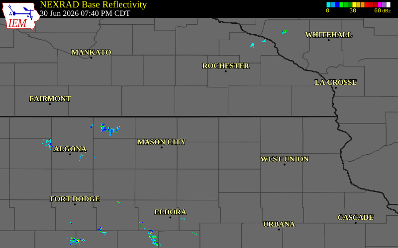 NEXRAD radar during the Tuesday, June 30, 2026 storm activity in Mitchell County, Iowa