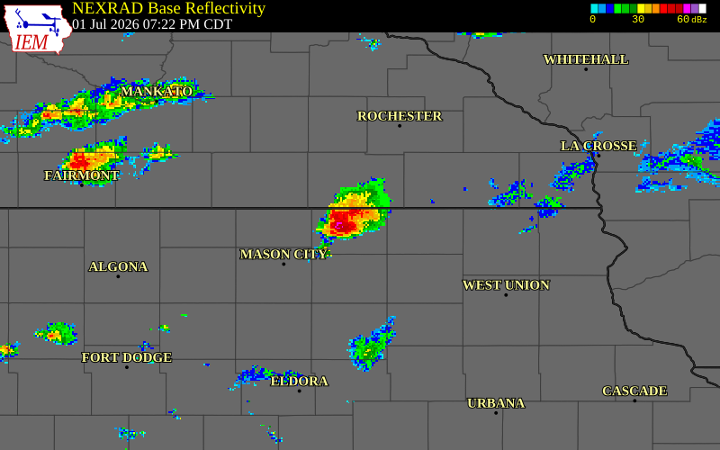 NEXRAD radar during the Wednesday, July 1, 2026 storm activity in Mitchell County, Iowa