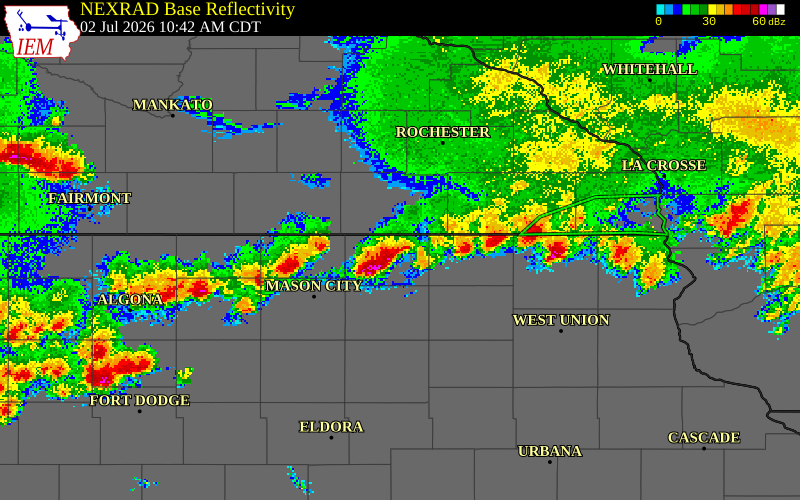 NEXRAD radar during the Thursday, July 2, 2026 storm activity in Mitchell County, Iowa