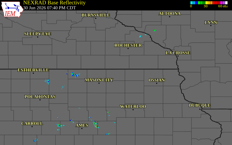 Radar snapshot during the Jun 30, 2026 tornado event near 1 S Stacyville, Mitchell County, Iowa, with NWS warning polygons
