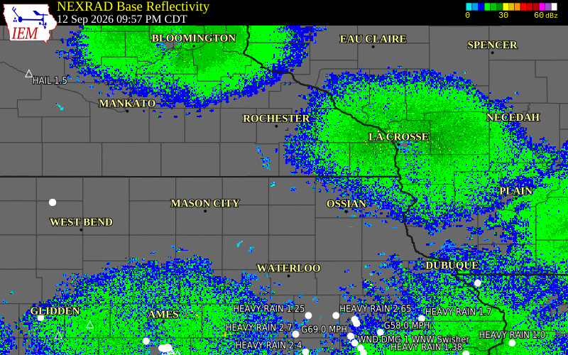 Current NEXRAD radar over Mitchell County, Iowa with recent storm report locations