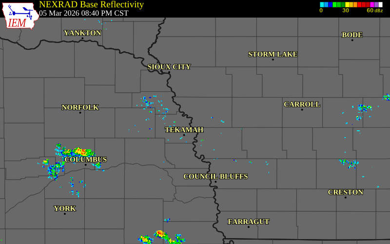 NEXRAD radar during the Thursday, March 5, 2026 storm activity in Monona County, Iowa