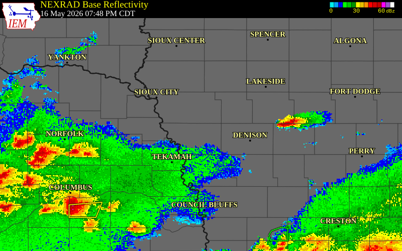 NEXRAD radar during the Saturday, May 16, 2026 storm activity in Monona County, Iowa