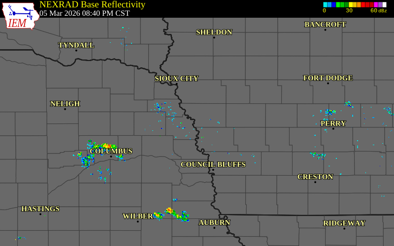 Radar snapshot during the Mar 5, 2026 hail event near 1 W Blencoe, Monona County, Iowa, with NWS warning polygons