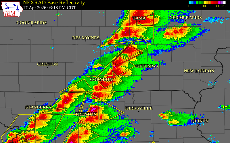 NEXRAD radar during the Friday, April 17, 2026 storm activity in Monroe County, Iowa