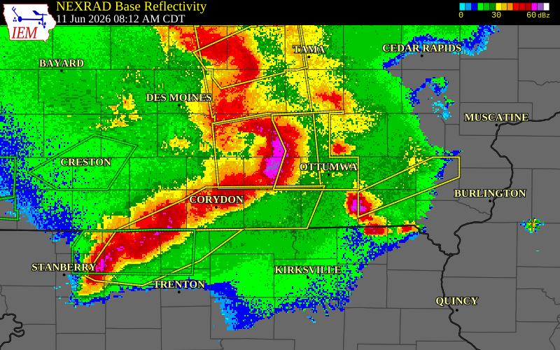 NEXRAD radar during the Thursday, June 11, 2026 storm activity in Monroe County, Iowa