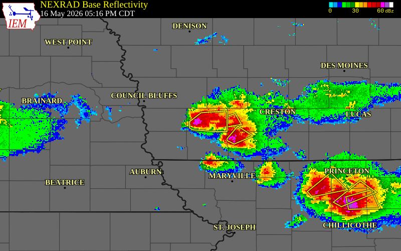 NEXRAD radar during the Saturday, May 16, 2026 storm activity in Montgomery County, Iowa