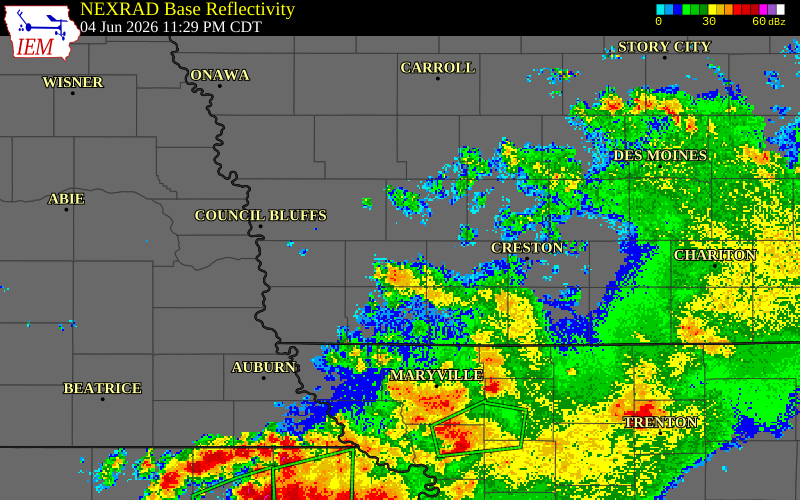 NEXRAD radar during the Thursday, June 4, 2026 storm activity in Montgomery County, Iowa