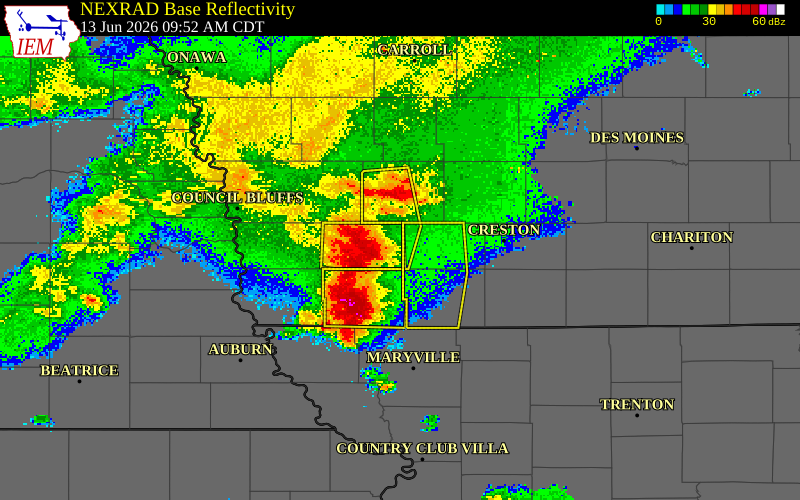 NEXRAD radar during the Saturday, June 13, 2026 storm activity in Montgomery County, Iowa