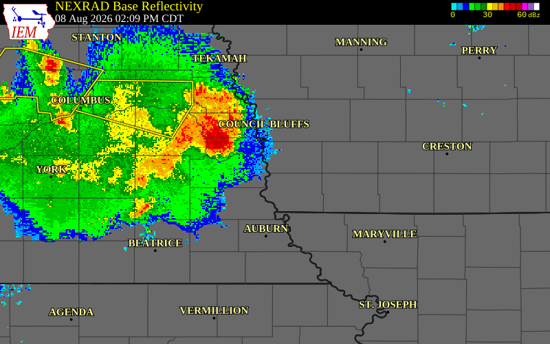 NEXRAD radar during the Saturday, August 8, 2026 storm activity in Montgomery County, Iowa