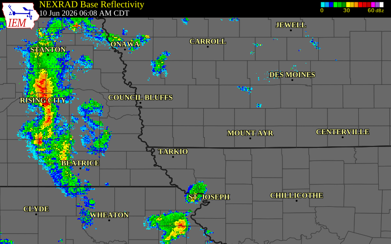 Radar snapshot during the Jun 10, 2026 tornado event near 3 ESE Stanton, Montgomery County, Iowa, with NWS warning polygons