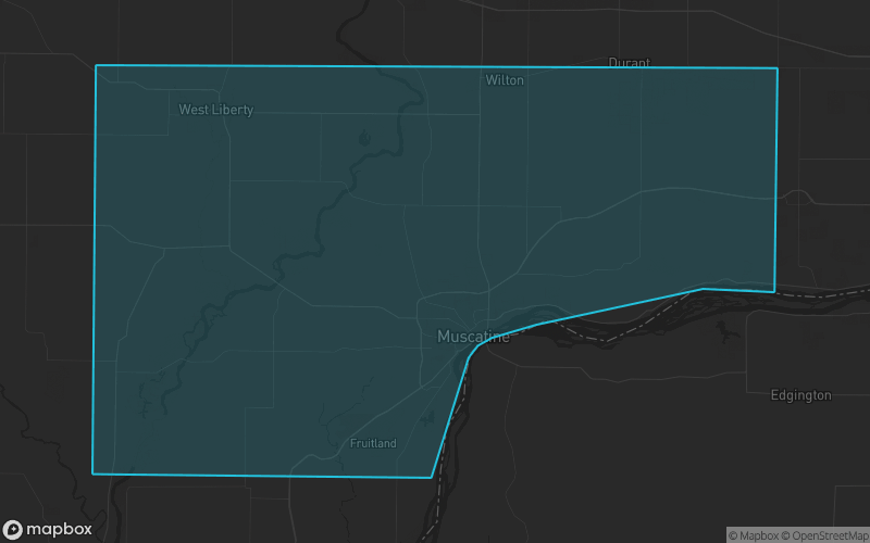 Map of Muscatine County, Iowa showing the county boundary and surrounding cities