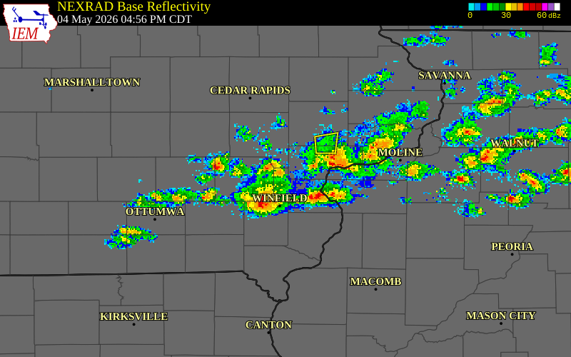 NEXRAD radar during the Monday, May 4, 2026 storm activity in Muscatine County, Iowa