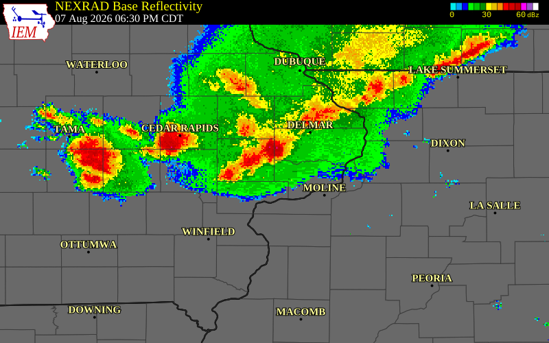 NEXRAD radar during the Friday, August 7, 2026 storm activity in Muscatine County, Iowa