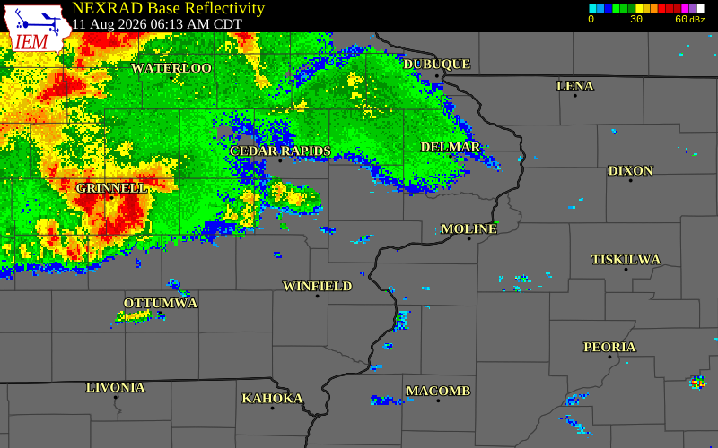 NEXRAD radar during the Tuesday, August 11, 2026 storm activity in Muscatine County, Iowa
