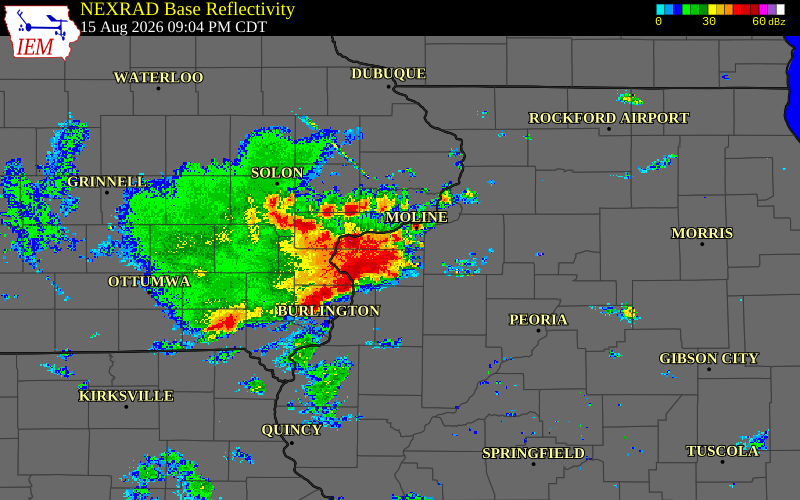 Radar snapshot during the Aug 11, 2026 wind event near 1 NW Atalissa, Muscatine County, Iowa, with NWS warning polygons