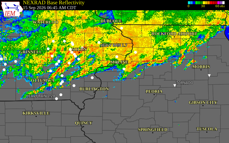 Current NEXRAD radar over Muscatine County, Iowa with recent storm report locations