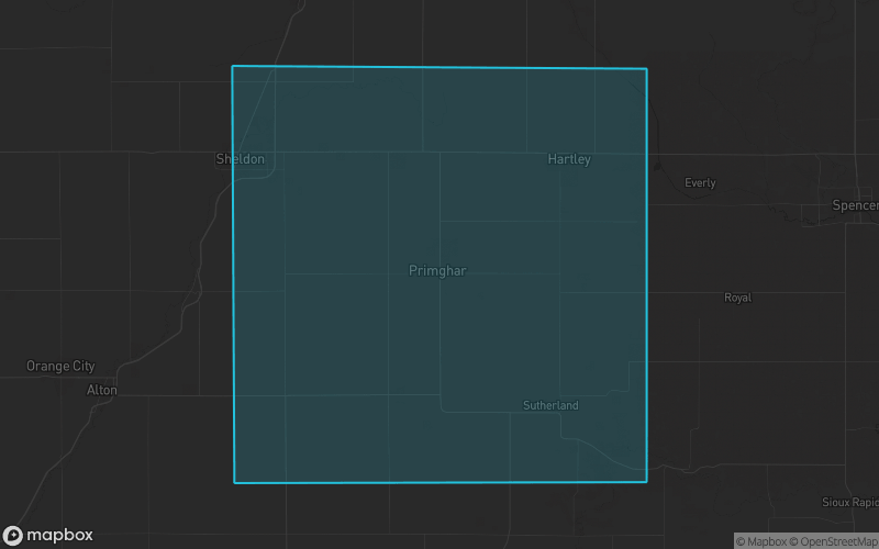 Map of O'Brien County, Iowa showing the county boundary and surrounding cities