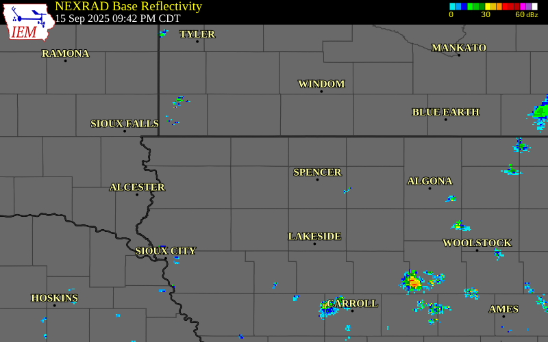 NEXRAD radar during the Monday, September 15, 2025 storm activity in O'Brien County, Iowa