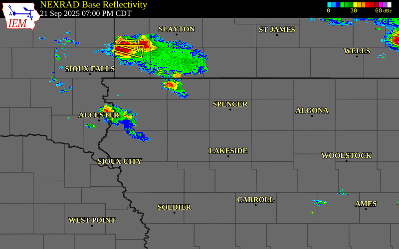 NEXRAD radar during the Sunday, September 21, 2025 storm activity in O'Brien County, Iowa