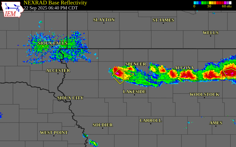 NEXRAD radar during the Monday, September 22, 2025 storm activity in O'Brien County, Iowa