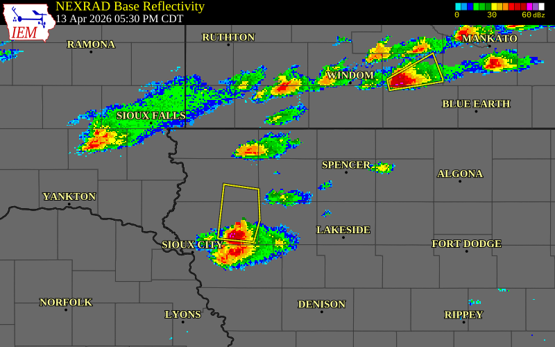 NEXRAD radar during the Monday, April 13, 2026 storm activity in O'Brien County, Iowa
