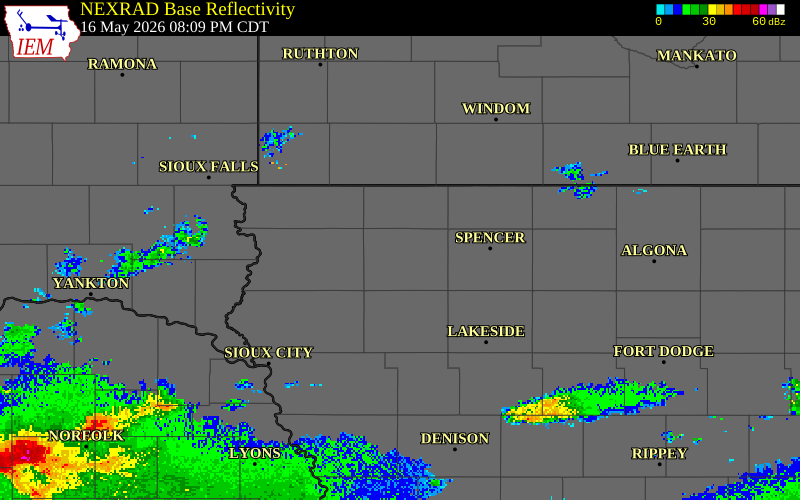 NEXRAD radar during the Saturday, May 16, 2026 storm activity in O'Brien County, Iowa