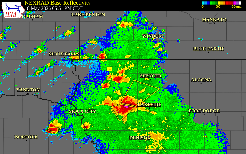 NEXRAD radar during the Monday, May 18, 2026 storm activity in O'Brien County, Iowa