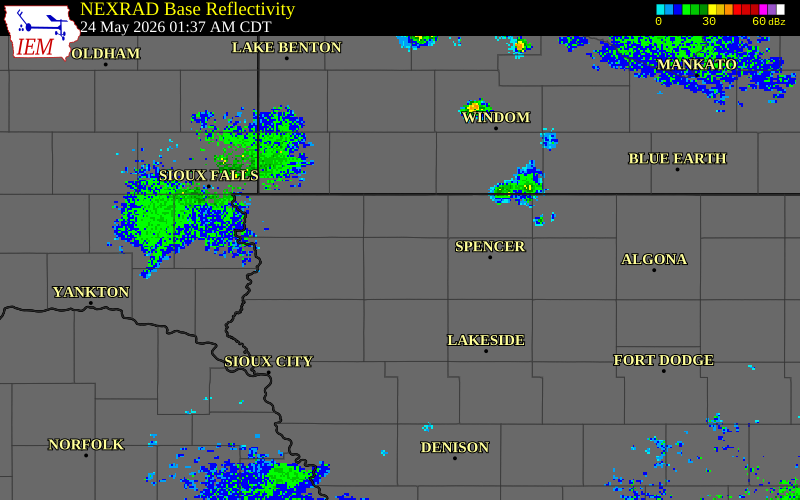 NEXRAD radar during the Sunday, May 24, 2026 storm activity in O'Brien County, Iowa