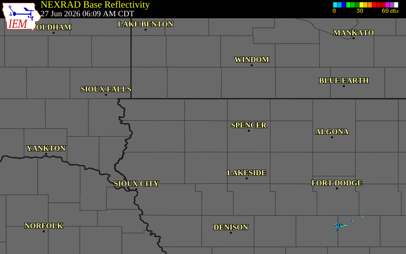 NEXRAD radar during the Saturday, June 27, 2026 storm activity in O'Brien County, Iowa