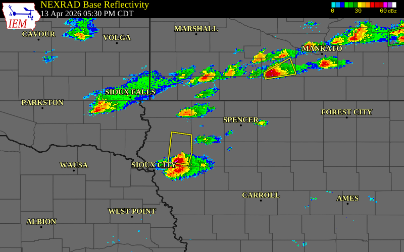 Radar snapshot during the Apr 13, 2026 tornado event near 2 NE Archer, O'Brien County, Iowa, with NWS warning polygons