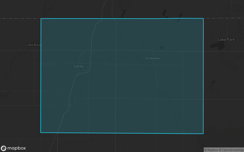 Map of Osceola County, Iowa showing the county boundary and surrounding cities
