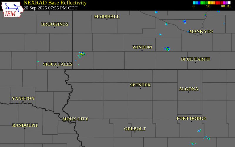 NEXRAD radar during the Saturday, September 20, 2025 storm activity in Osceola County, Iowa
