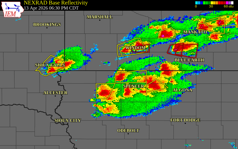 NEXRAD radar during the Monday, April 13, 2026 storm activity in Osceola County, Iowa