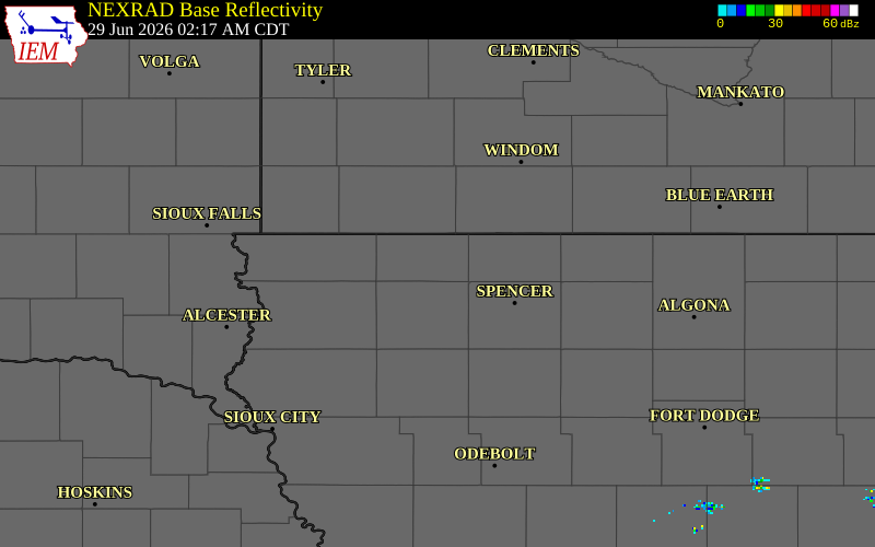NEXRAD radar during the Monday, June 29, 2026 storm activity in Osceola County, Iowa