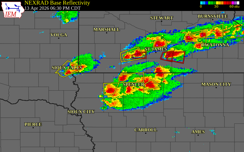Radar snapshot during the Apr 13, 2026 hail event near 1 S Harris, Osceola County, Iowa, with NWS warning polygons