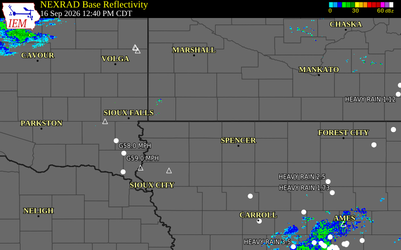 Current NEXRAD radar over Osceola County, Iowa with recent storm report locations