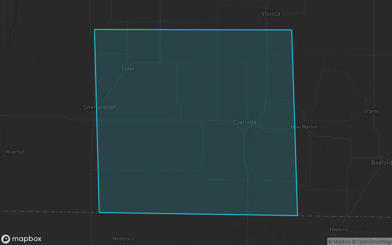 Map of Page County, Iowa showing the county boundary and surrounding cities