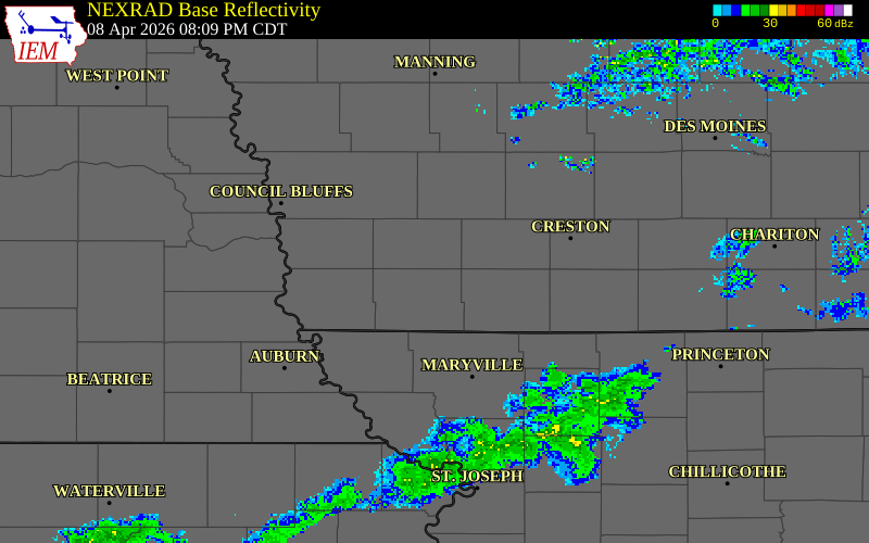NEXRAD radar during the Wednesday, April 8, 2026 storm activity in Page County, Iowa
