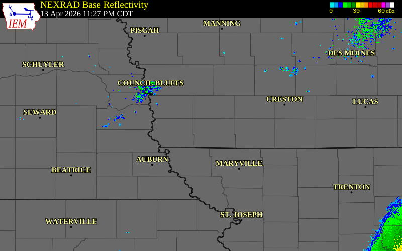 NEXRAD radar during the Monday, April 13, 2026 storm activity in Page County, Iowa