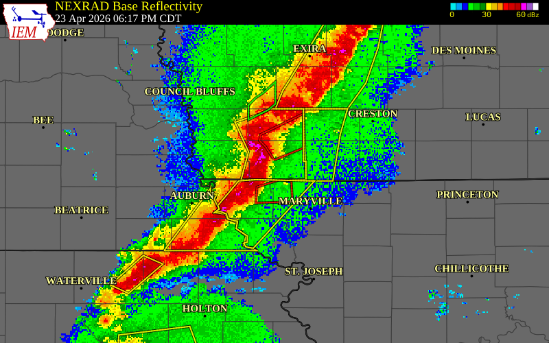 NEXRAD radar during the Thursday, April 23, 2026 storm activity in Page County, Iowa
