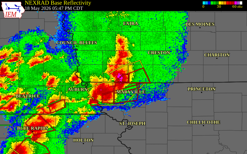 NEXRAD radar during the Monday, May 18, 2026 storm activity in Page County, Iowa