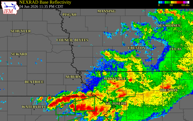 NEXRAD radar during the Thursday, June 4, 2026 storm activity in Page County, Iowa