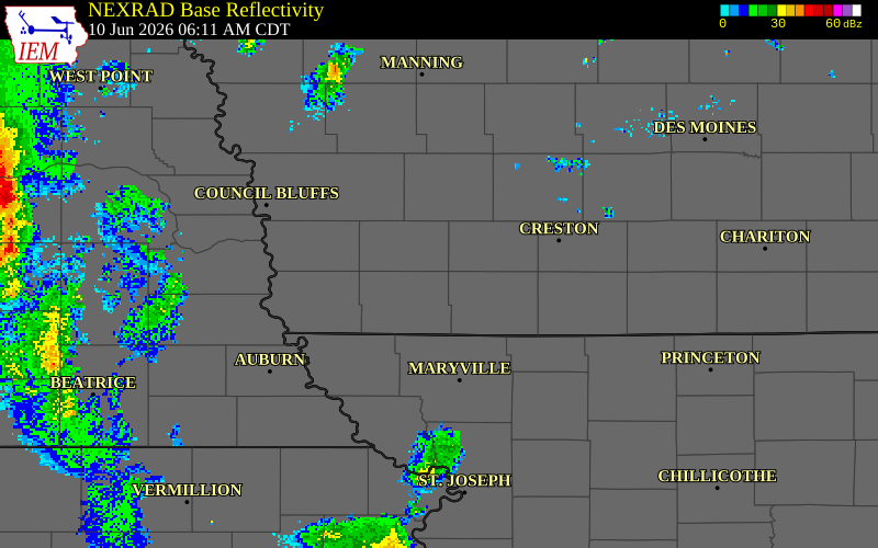 NEXRAD radar during the Wednesday, June 10, 2026 storm activity in Page County, Iowa