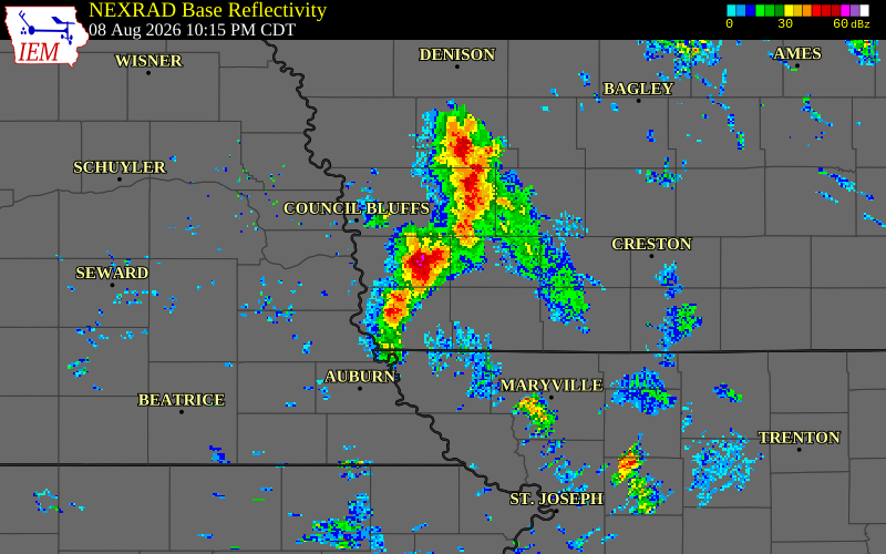 NEXRAD radar during the Saturday, August 8, 2026 storm activity in Page County, Iowa