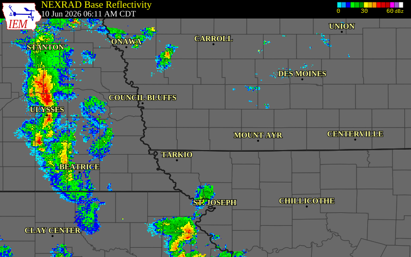 Radar snapshot during the Jun 10, 2026 tornado event near 3 S Villisca, Page County, Iowa, with NWS warning polygons